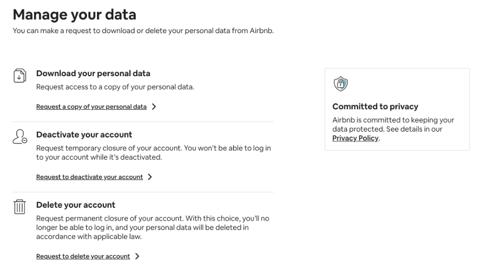 Airbnb’s personal data/account management page.