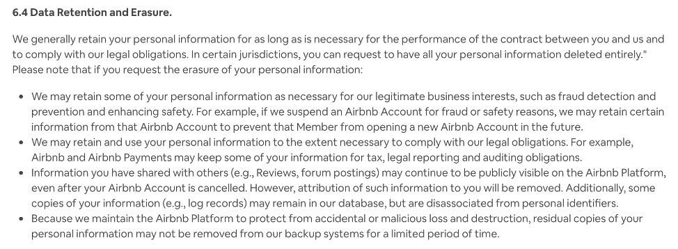 An excerpt from Airbnb’s Privacy Policy