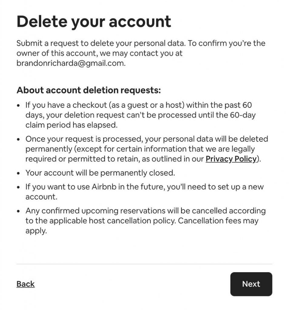 Airbnb’s warning before you delete your account for good.